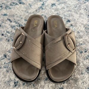 MIA Taupe Crisscross Buckle Slide sandals